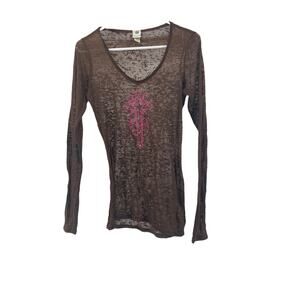 Ransom Ranch Brown Burnout Pink Graphic Embellished Top Women's Size Large